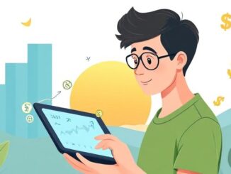 Young investor using a tablet with digital stock charts and financial icons, symbolizing beginner investing in 2025.