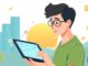 Young investor using a tablet with digital stock charts and financial icons, symbolizing beginner investing in 2025.