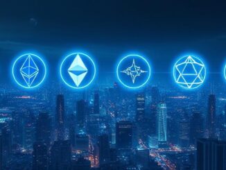 "Top 5 crypto assets to watch in 2025: Ethereum, Solana, Chainlink, Arbitrum, and Injective over a futuristic blockchain cityscape"