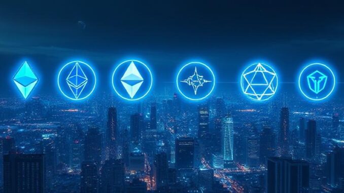 ad87f92b-90ae-4cac-ae97-c7a405802835 "Top 5 crypto assets to watch in 2025: Ethereum, Solana, Chainlink, Arbitrum, and Injective over a futuristic blockchain cityscape"