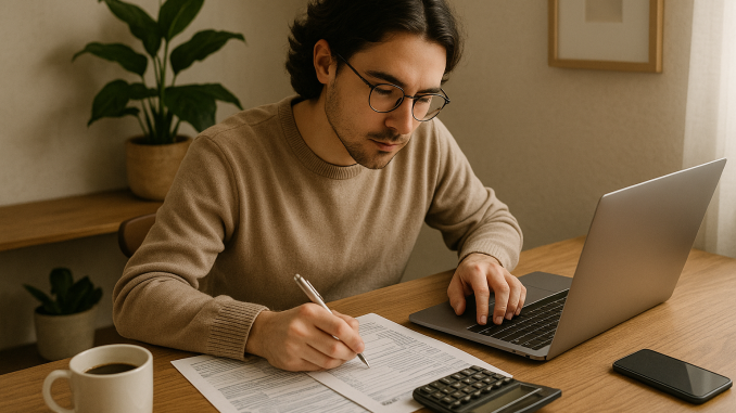 20250604_2118_Millennial Tax Preparation_simple_compose_01jwxmt0czfy6v4q72fwexzz6x "Millennial calculating tax deductions at home office with laptop and coffee – budget and tax planning concept."