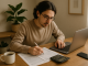 "Millennial calculating tax deductions at home office with laptop and coffee – budget and tax planning concept."