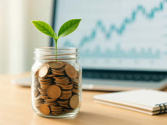 "Jar of coins growing a plant – visual concept of compound interest and wealth growth."