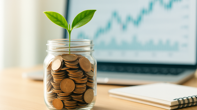 "Jar of coins growing a plant – visual concept of compound interest and wealth growth."