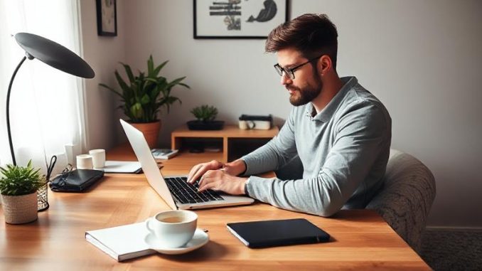 “Person building a 5-figure online income stream using just a laptop and internet connection.”