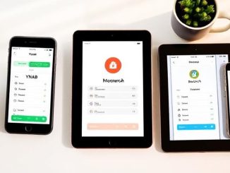 "Smartphone screens displaying YNAB, Monarch, and Rocket Money budget apps side by side on a modern desk setup"