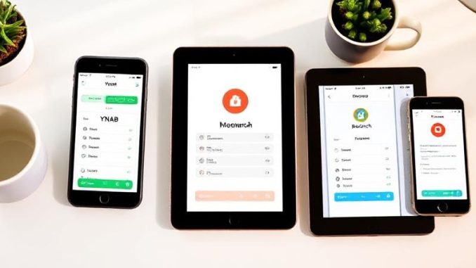 6e467f0c-e71-43d0-bd03-8c948afc82a4 "Smartphone screens displaying YNAB, Monarch, and Rocket Money budget apps side by side on a modern desk setup"
