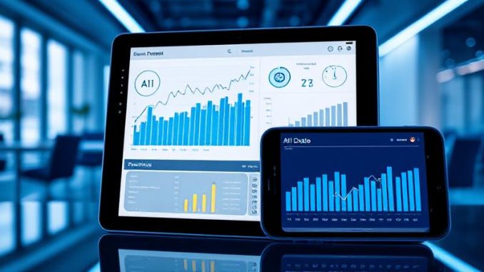 952d363a-fc61-469c-9143-f185ffb4757d "Smart investing dashboard showing robo-advisor portfolio performance with AI-driven financial graphs on digital devices"