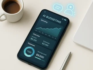 AI budgeting app dashboard on smartphone screen in 2025 with personal finance graphs and savings insights