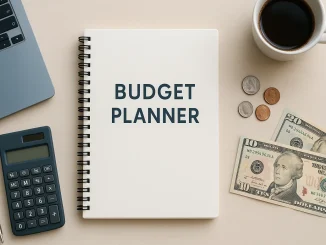 "Budget planner notebook on a desk with calculator, coffee, and cash – financial planning tools for beginners."