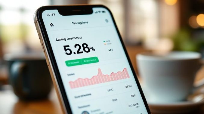 “Smartphone showing high-yield savings account with 5.25% APY, symbolizing best savings account rates in 2025.”