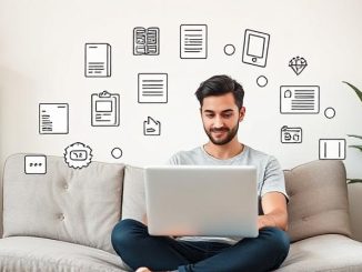 “Person selling digital products from home in 2025, including templates, eBooks, and online courses.”