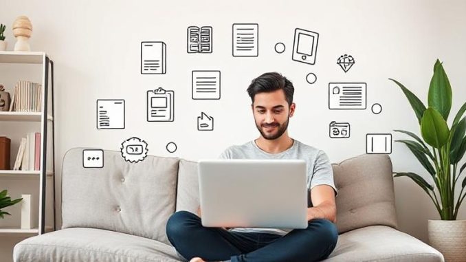 “Person selling digital products from home in 2025, including templates, eBooks, and online courses.”