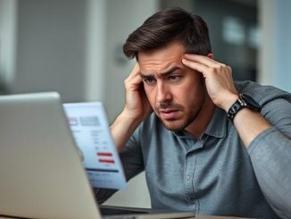 “Person reviewing a low credit score on a digital credit report, symbolizing common credit mistakes.”
