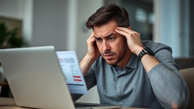 “Person reviewing a low credit score on a digital credit report, symbolizing common credit mistakes.”